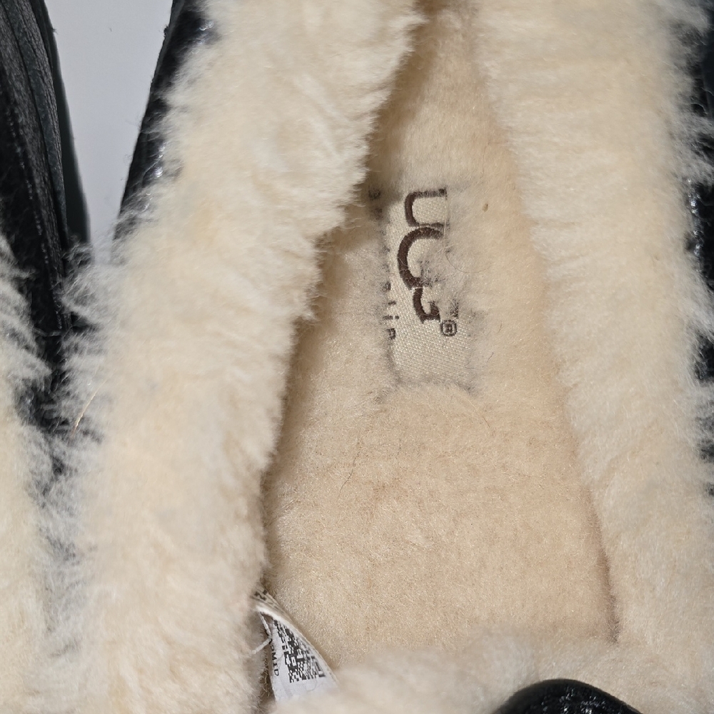 UGG Black Leather Slippers with Cream Fur Lining - Picture 3 of 5